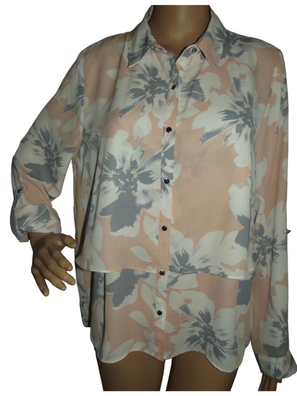 Simply Styled Blouse Womens Sz Large Peach Purple White Floral Roll Tab Sleeve